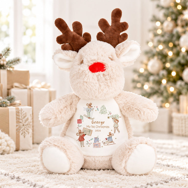 Personalised Festive Mice First Christmas reindeer soft toy with child’s name, chosen year and My 1st Christmas design