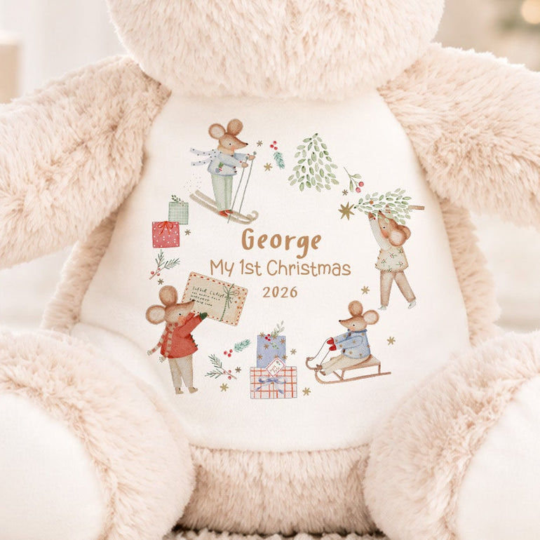 close up of personalised christmas winter mice illustration with personalised name and My 1st Christmas 2026