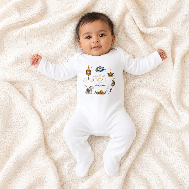Personalised My First Diwali baby boy grow with blue wreath name design