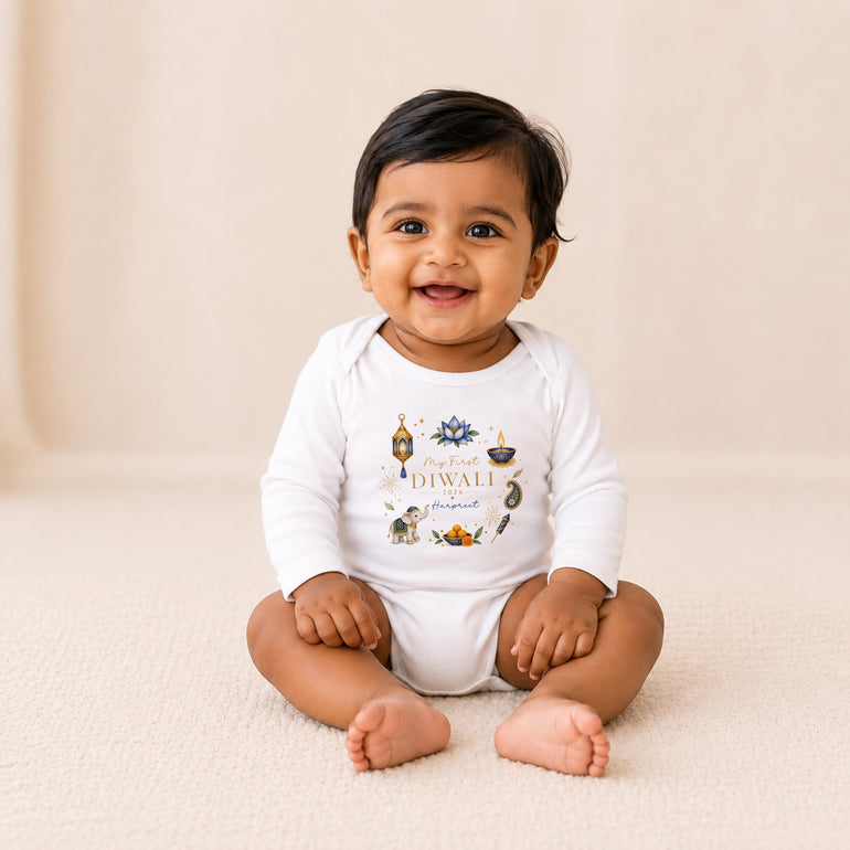 Personalised My First Diwali long-sleeve baby vest with blue wreath and name