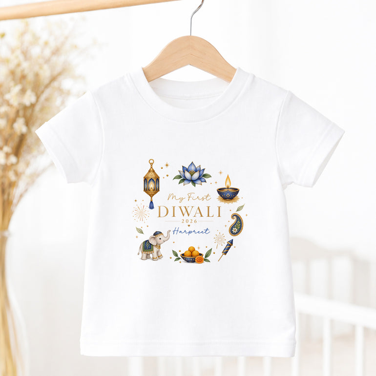 Personalised My First Diwali children’s T-shirt with blue elephant wreath design