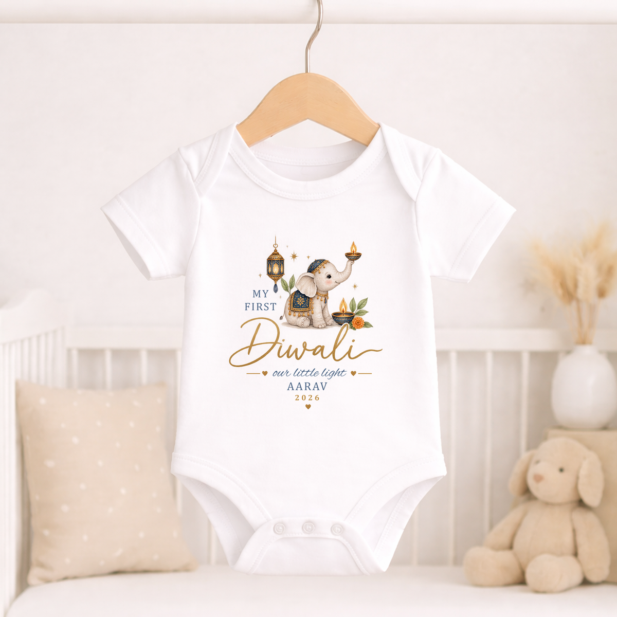 Personalised My First Diwali baby vest with blue elephant Our Little Light design