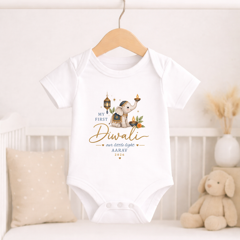 Personalised My First Diwali baby vest with blue elephant Our Little Light design