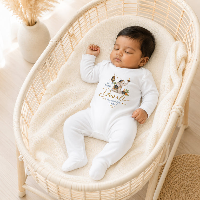 Baby wearing personalised My First Diwali blue elephant Our Little Light baby grow