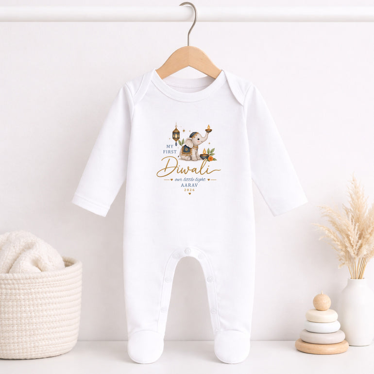 Personalised My First Diwali baby grow with blue elephant name and year design