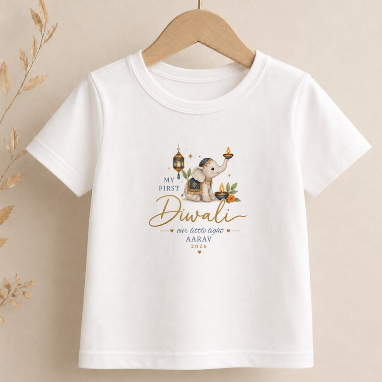 Personalised My First Diwali children’s T-shirt with blue elephant and name
