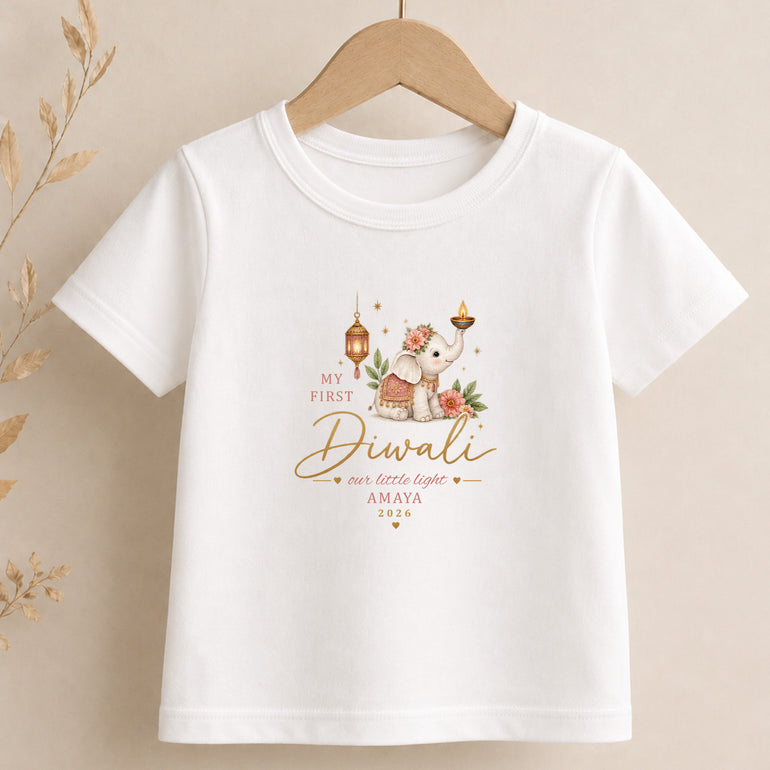 Personalised My First Diwali children’s T-shirt with pink elephant name design