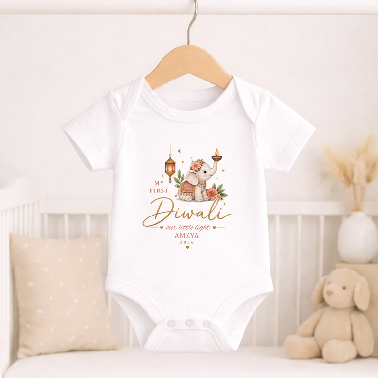 Personalised My First Diwali baby vest with pink elephant Our Little Light design
