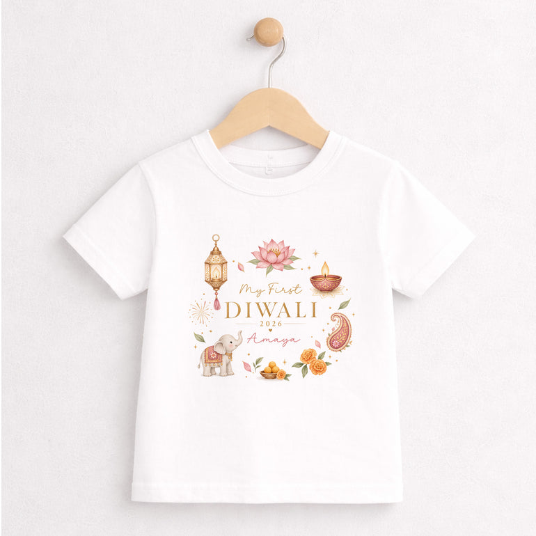 Personalised My First Diwali children’s T-shirt with pink floral name design