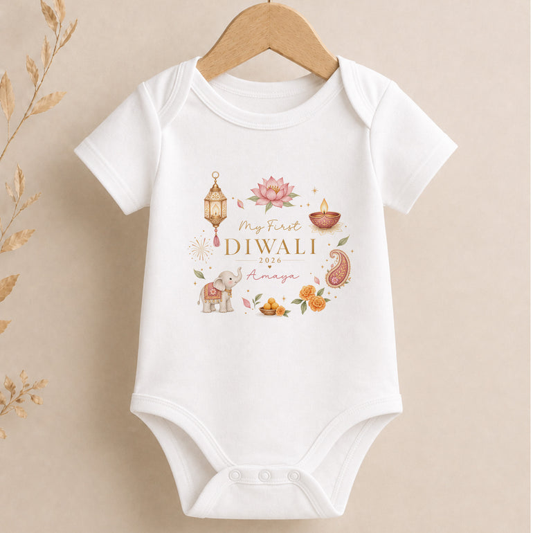 Personalised My First Diwali baby vest with pink elephant wreath and name