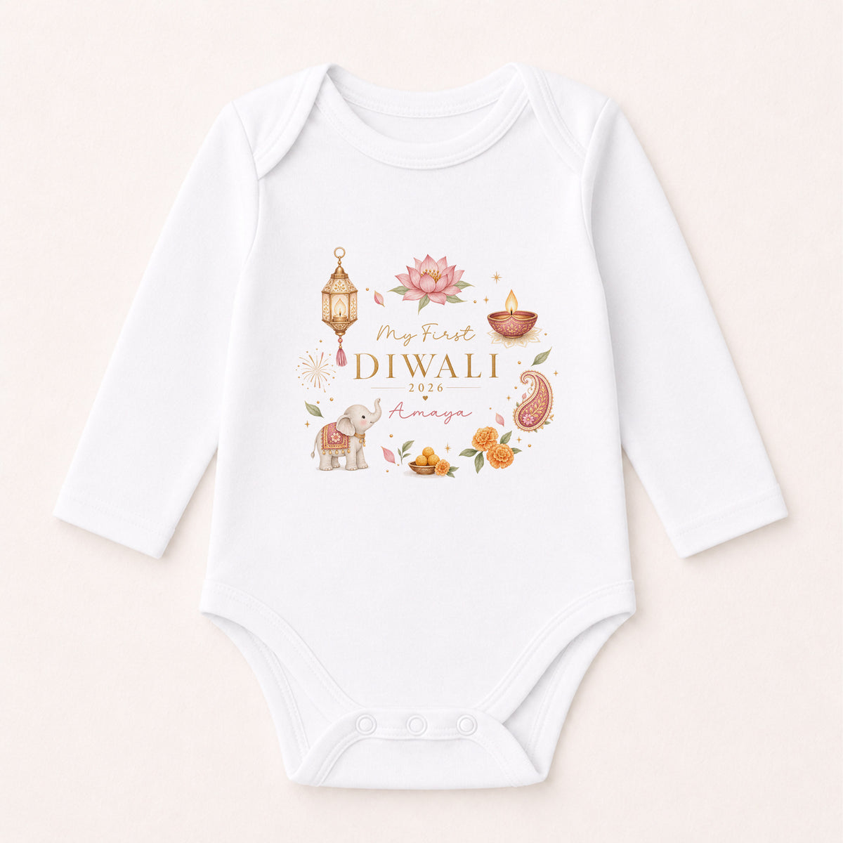Personalised My First Diwali long-sleeve baby vest with pink wreath design