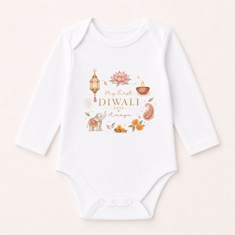 Personalised My First Diwali long-sleeve baby vest with pink wreath design