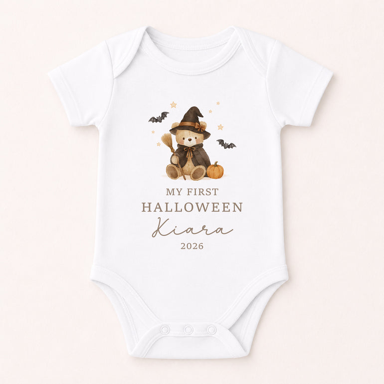 Personalised My First Halloween baby vest with teddy bear Halloween illustration