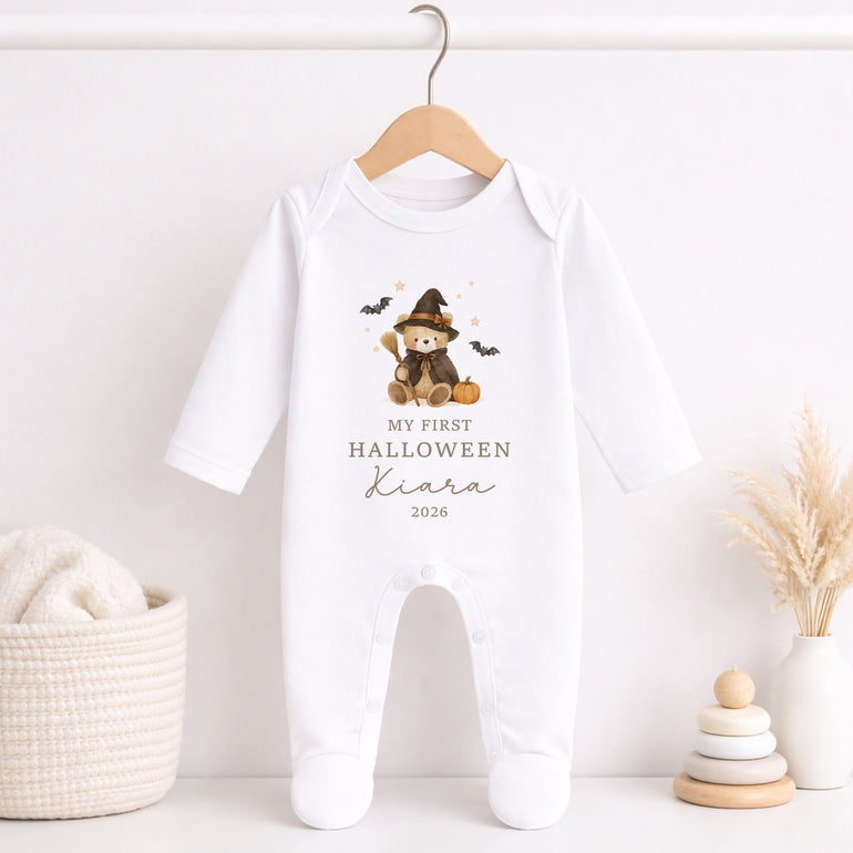 Personalised My First Halloween white baby grow with teddy bear witch design