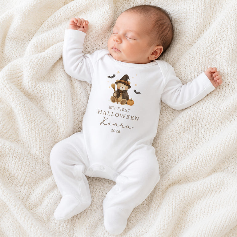 Sleeping baby wearing personalised My First Halloween teddy bear baby grow