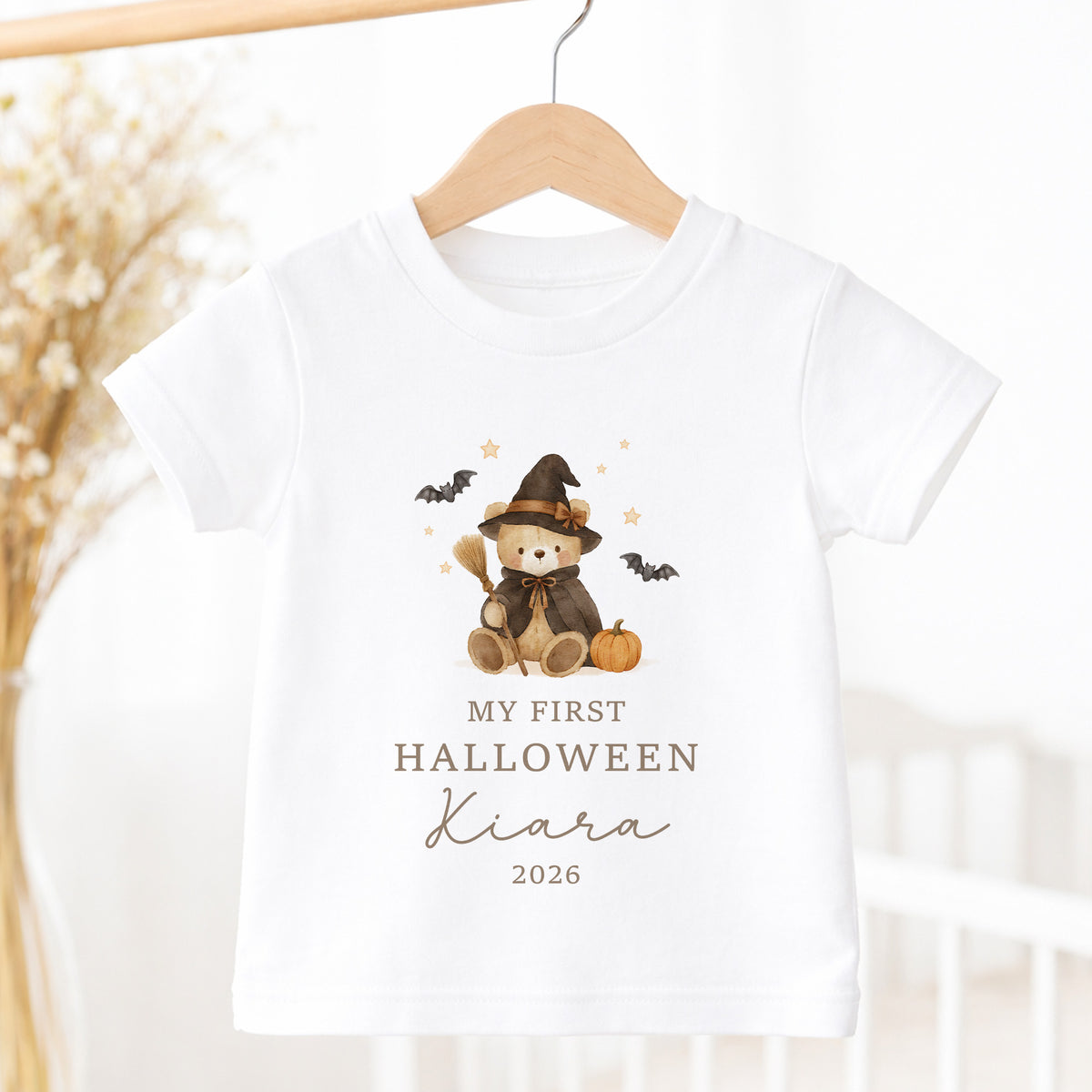 Personalised My First Halloween kids T-shirt with teddy bear witch design