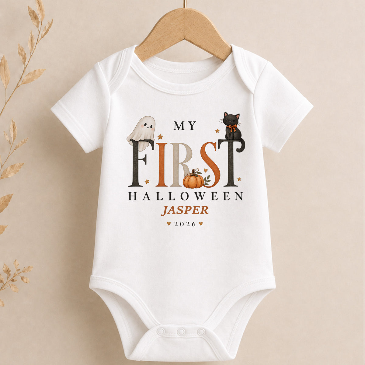 Personalised First Halloween baby vest with ghost black cat pumpkin name and year