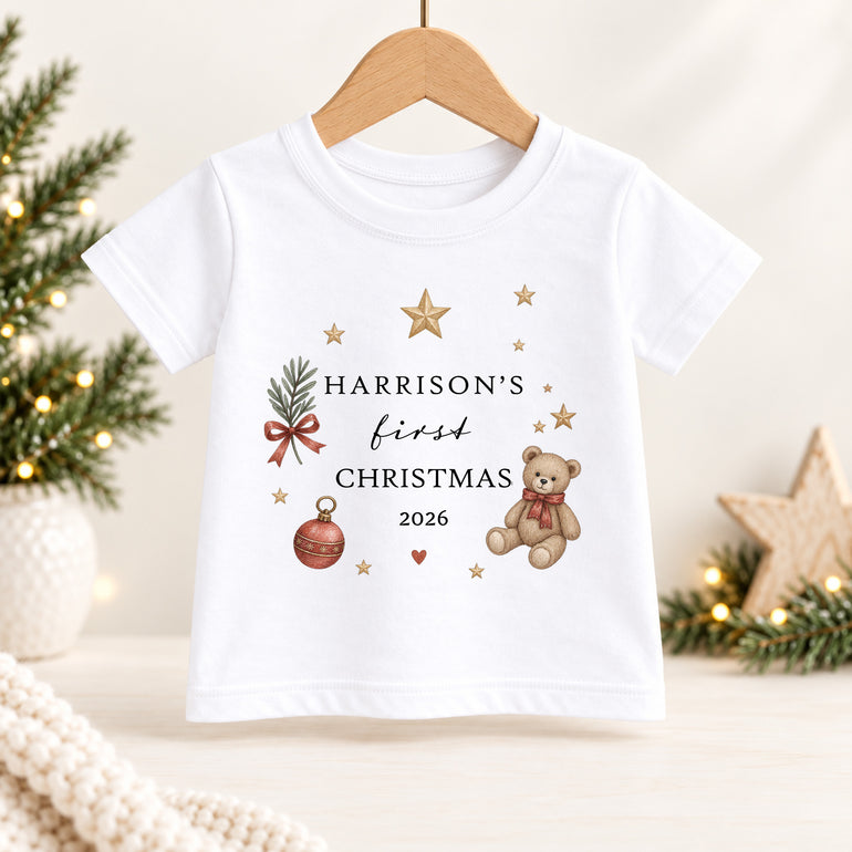 Personalised Teddy Bear First Christmas kids T-shirt with child’s name, Christmas year and traditional festive design