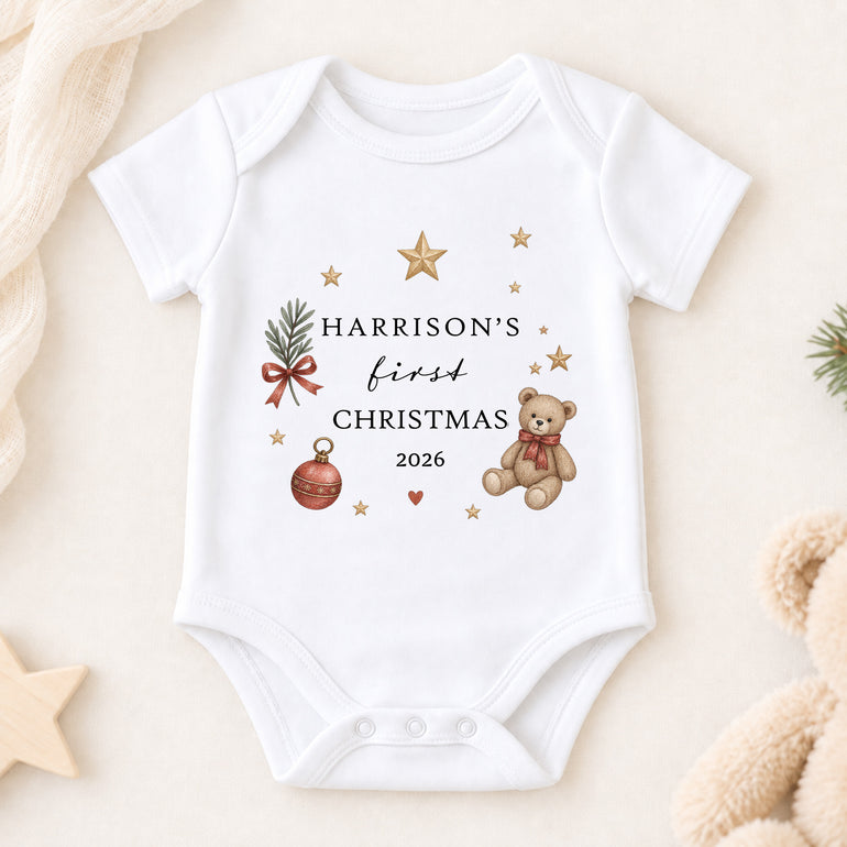 Personalised Teddy Bear First Christmas short-sleeve baby vest with child’s name and chosen Christmas year