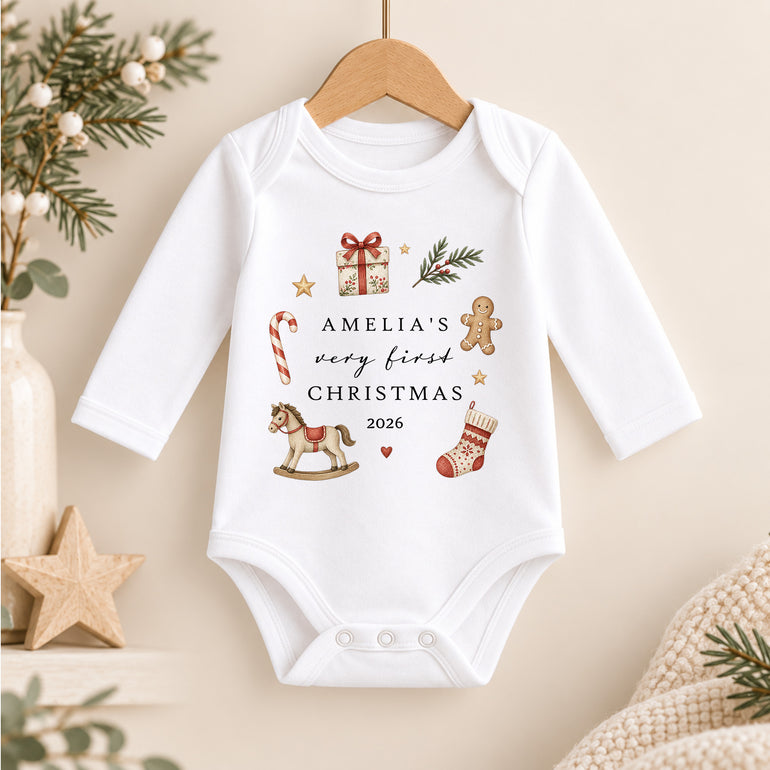 Personalised long-sleeve baby vest with child’s name and My First Christmas wording
