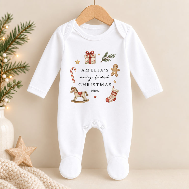 Personalised My First Christmas baby grow with festive design, child’s name and year