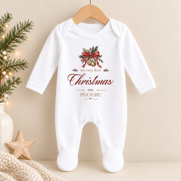 Personalised My Very First Christmas baby grow with gold bells, red bow, child’s name and Christmas year