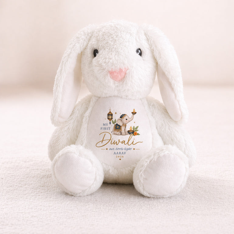 White personalised My First Diwali bunny teddy with blue elephant design