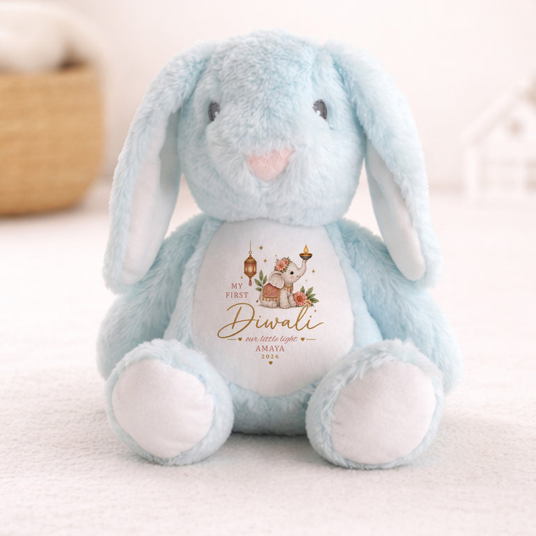 Blue personalised My First Diwali bunny with pink elephant our little light design