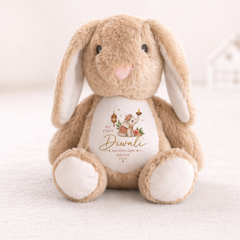Beige personalised My First Diwali bunny teddy with pink elephant name design