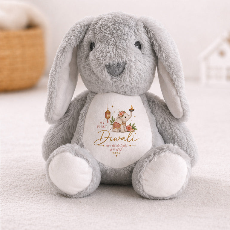 Grey personalised My First Diwali bunny with pink elephant and chosen year