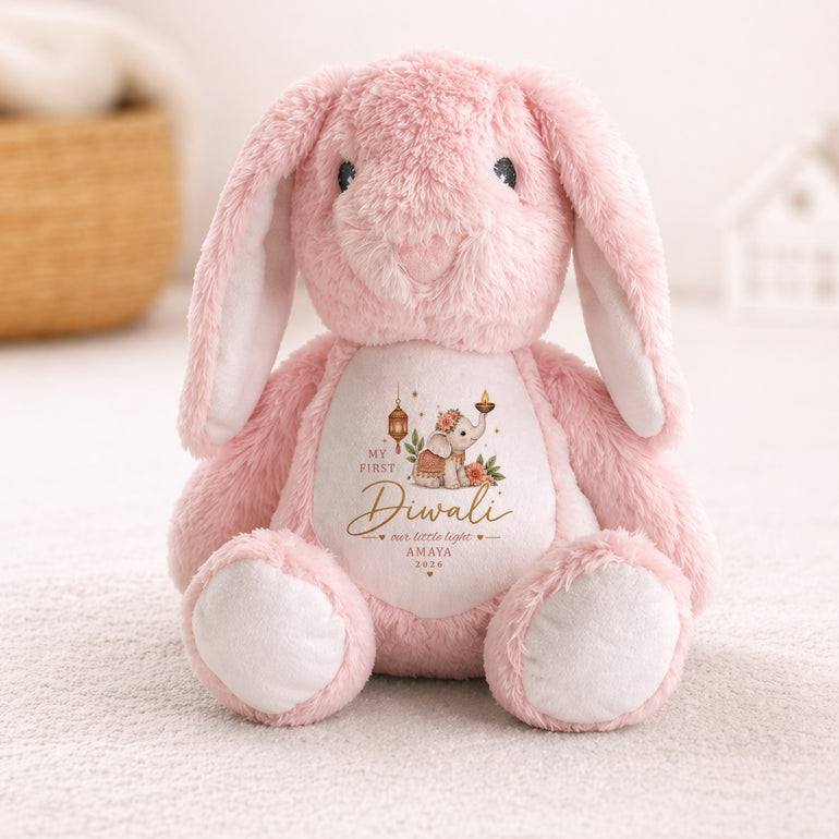 Pink personalised My First Diwali bunny teddy with pink elephant design