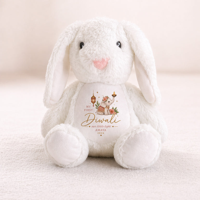 White personalised My First Diwali bunny teddy with pink elephant design