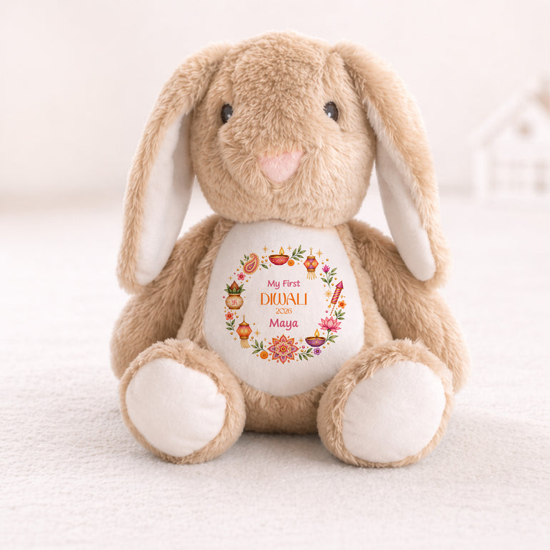 Beige personalised First Diwali bunny with colourful wreath name and chosen year
