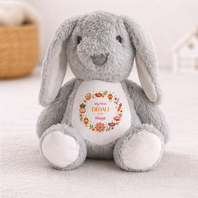 Grey personalised My First Diwali bunny teddy with colourful festival wreath and name