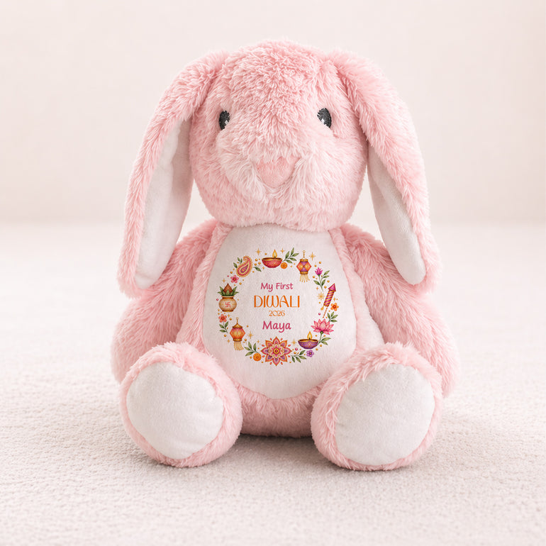 Pink personalised My First Diwali bunny teddy with colourful Diwali wreath design