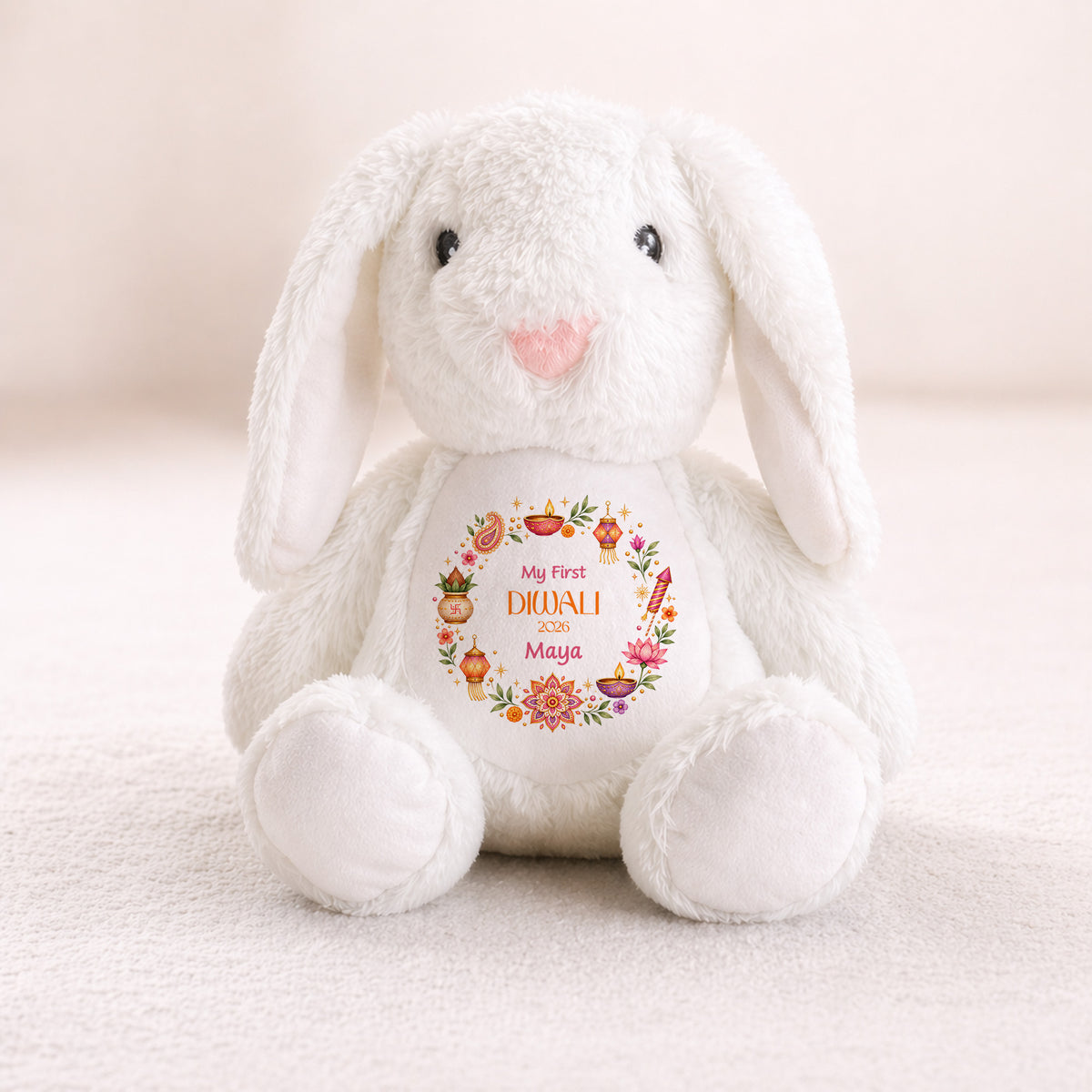 White personalised First Diwali bunny with name year and colourful festival wreath