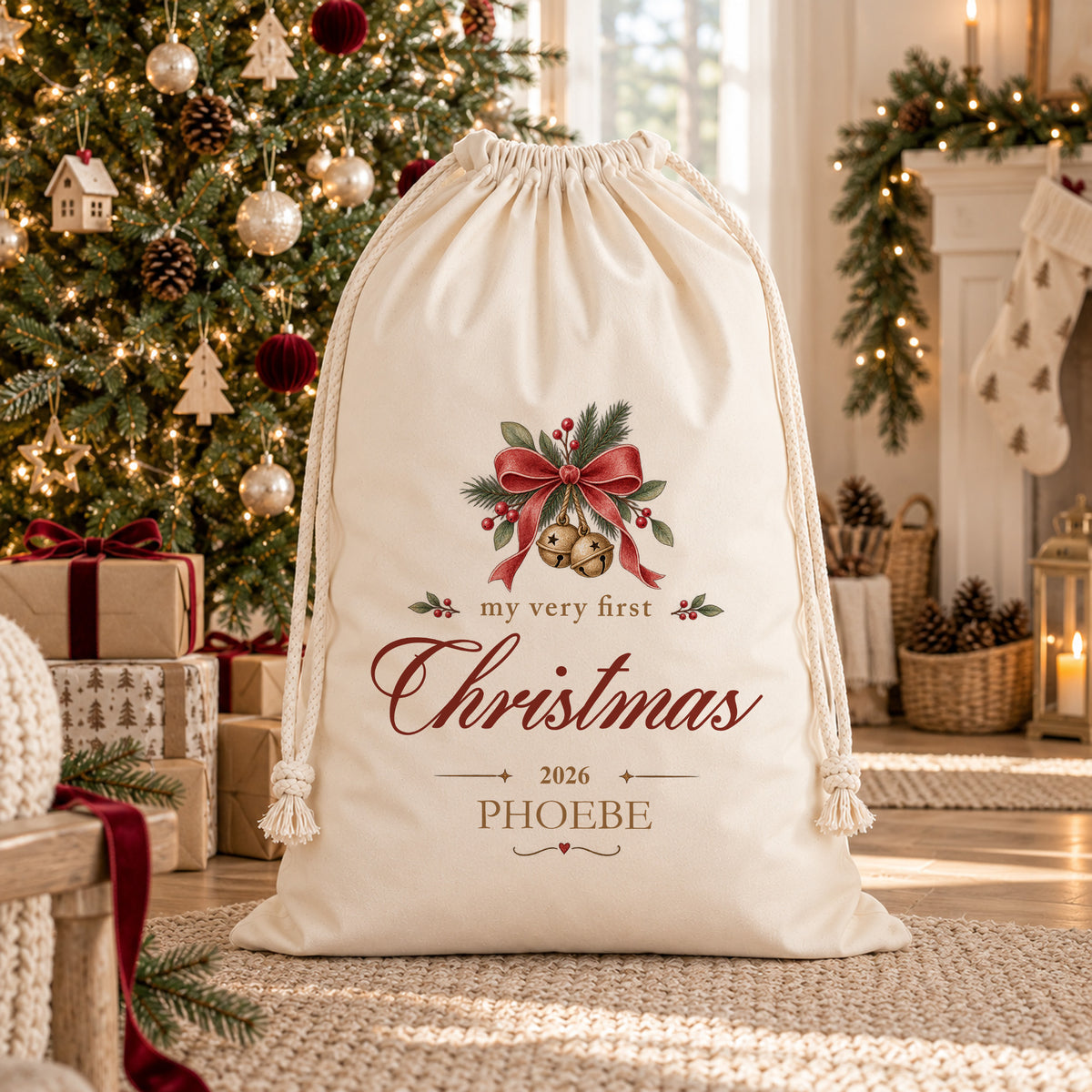 Personalised baby’s First Christmas sack with gold bells, red bow, child’s name Phoebe and chosen Christmas year