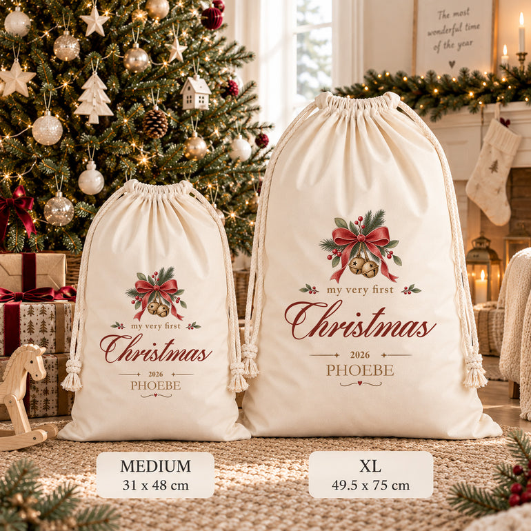 Medium and XL personalised First Christmas sacks with Christmas bells design, child’s name and year