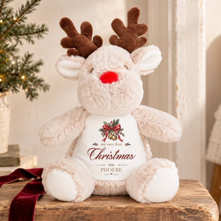 Personalised First Christmas reindeer soft toy with Christmas bells, red bow, child’s name and chosen year