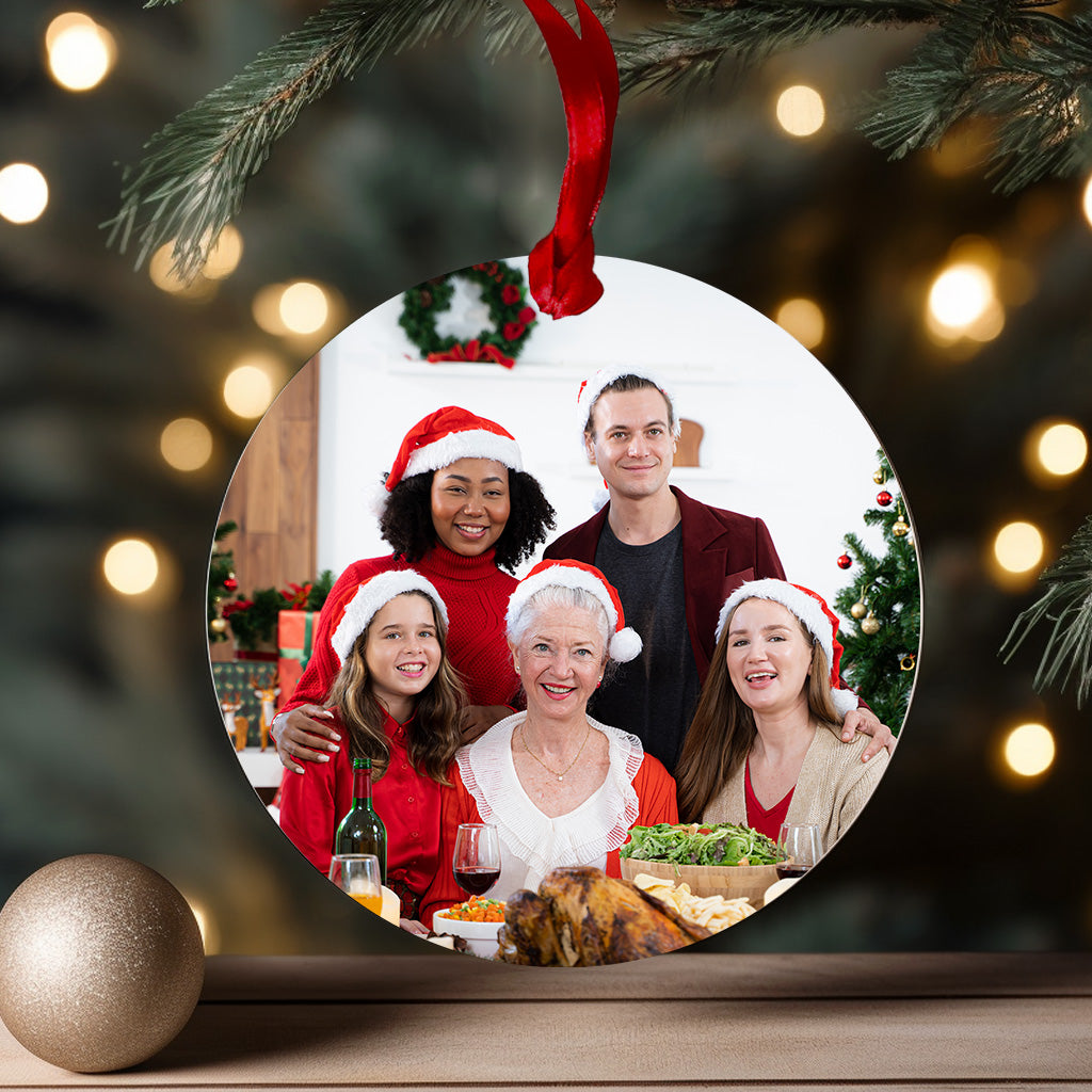 Photo Christmas ornament with red ribbon, personalised with family photo – festive keepsake gift for grandparents, pets or new baby