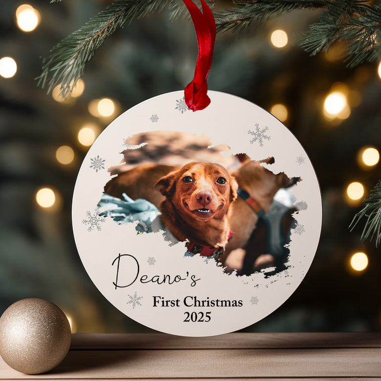 Personalised Pet’s First Christmas photo bauble with dog or cat photo, custom name and year, white acrylic ornament.