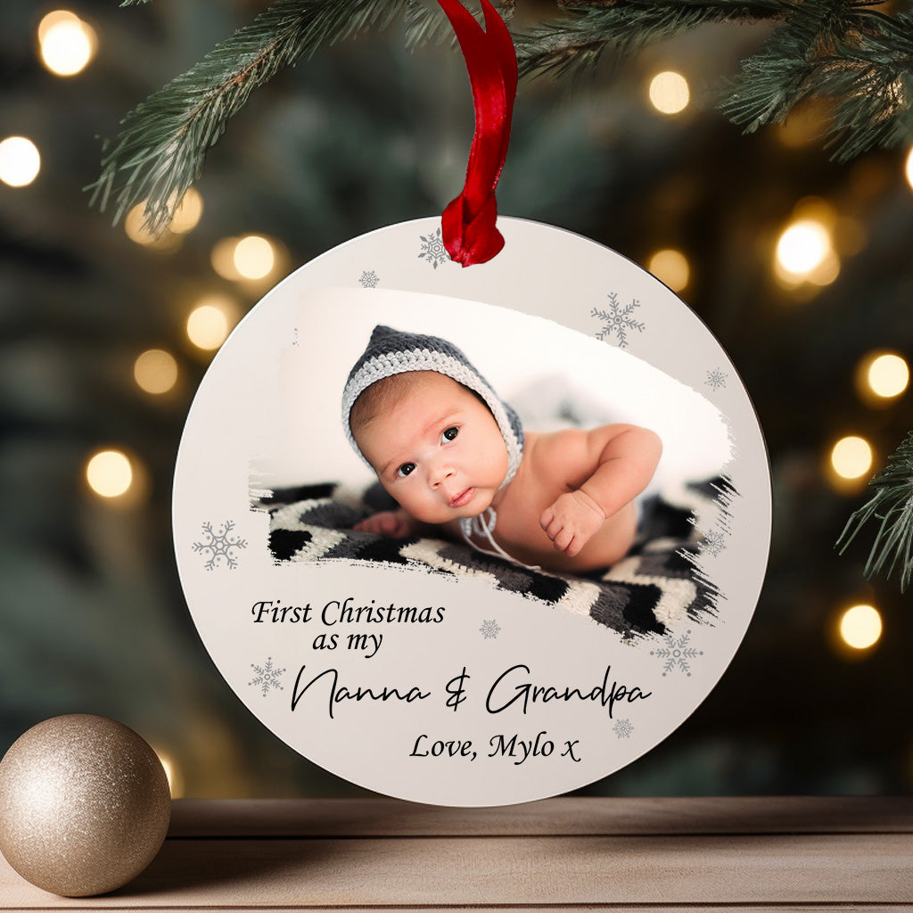First Christmas as My Nanna & Grandpa personalised baby photo bauble – shatterproof acrylic grandparents Christmas ornament.