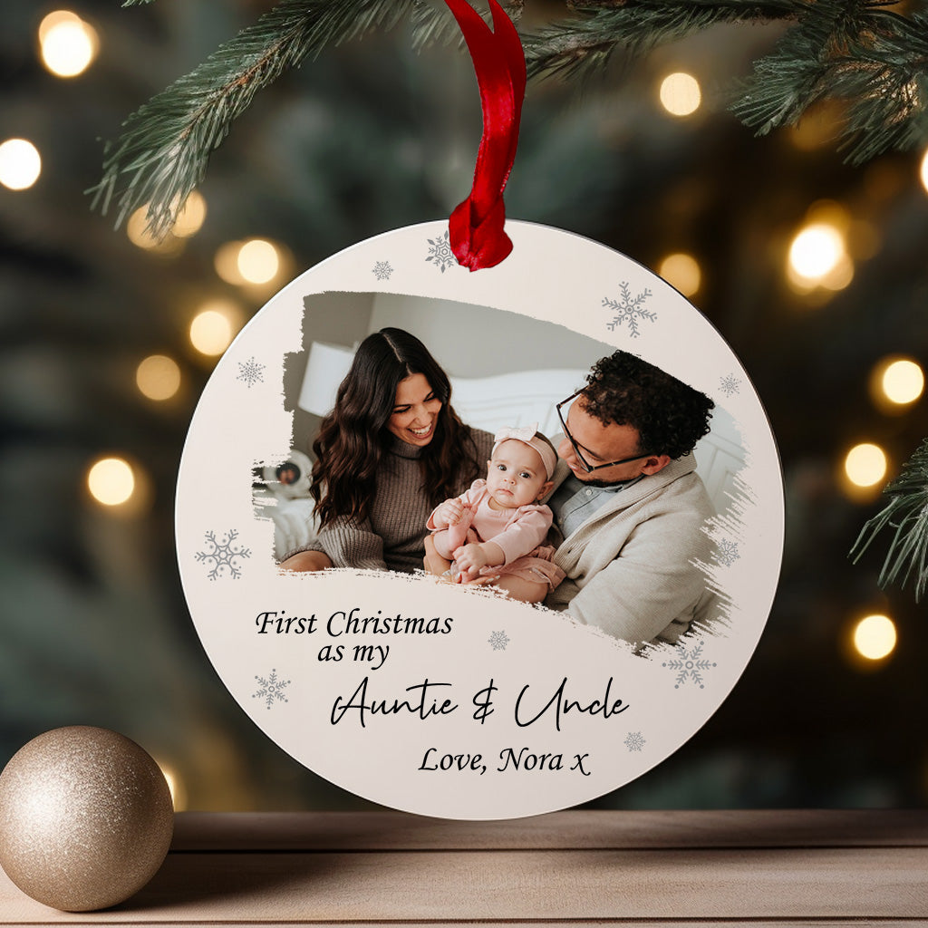 Personalised First Christmas as Auntie & Uncle photo bauble with baby photo, custom name, white acrylic ornament.