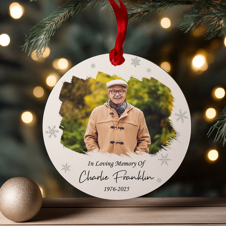 Personalised in loving memory photo bauble with silver snowflakes, name and dates printed on white acrylic
