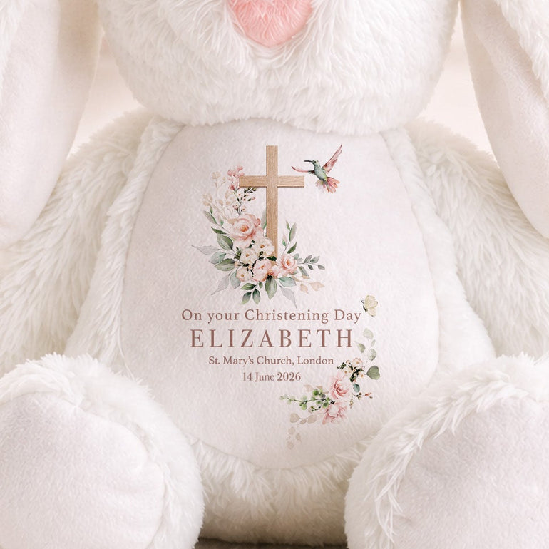 Pink floral cross baptism bunny with custom name, church details and ceremony wording