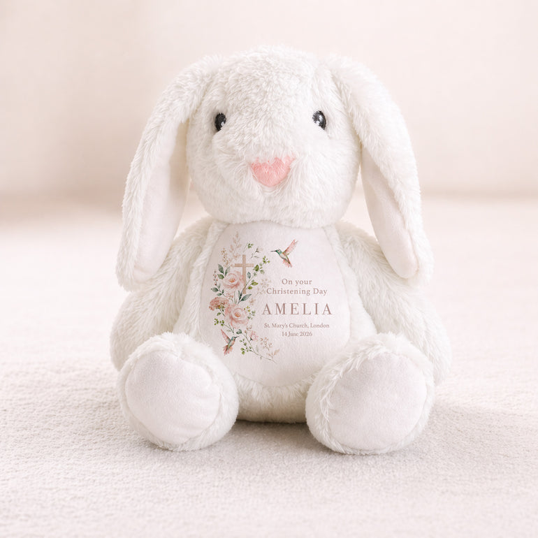 Personalised christening bunny gift with pink floral cross, hummingbird, baby name  and date