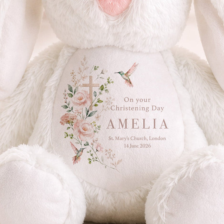 Personalised baby baptism keepsake bunny with floral cross and name printed on tummy