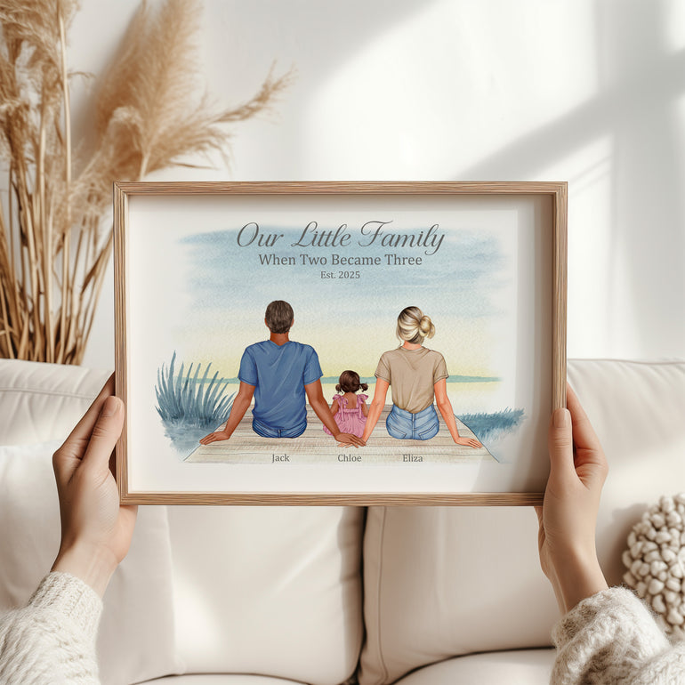 Personalised Our Little Family illustration print showing parents and child seated together