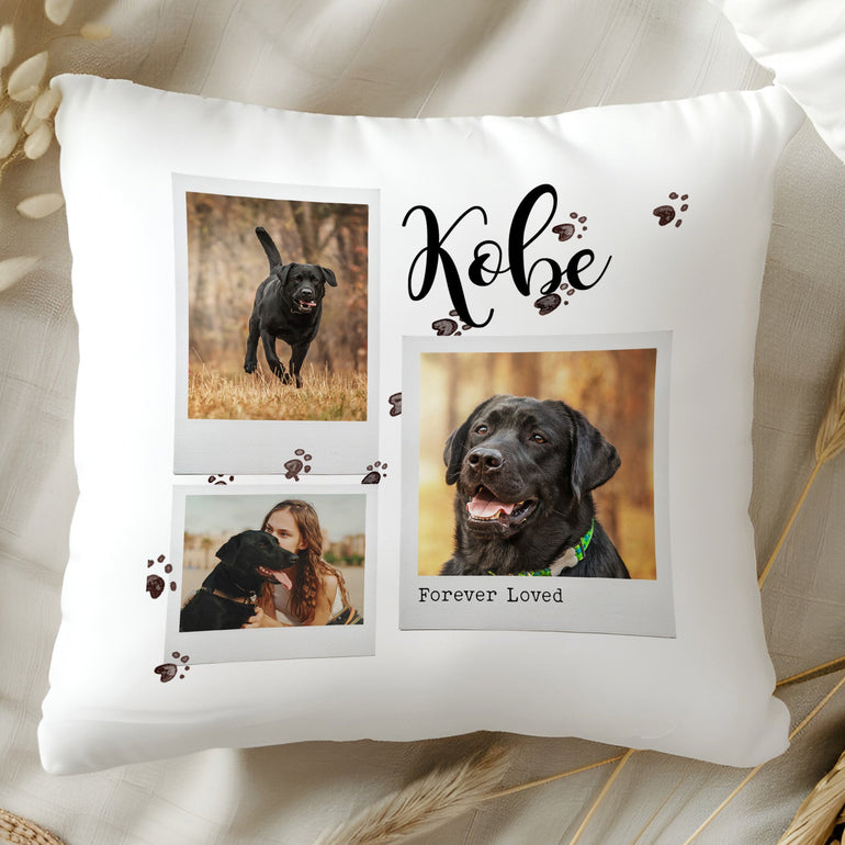 Personalised dog memorial photo cushion with three pet photos, name Kobe, paw prints and Forever Loved wording