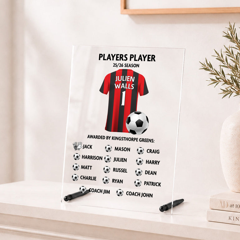 Personalised Players’ Player football acrylic award with custom shirt, player name, team name and squad names.